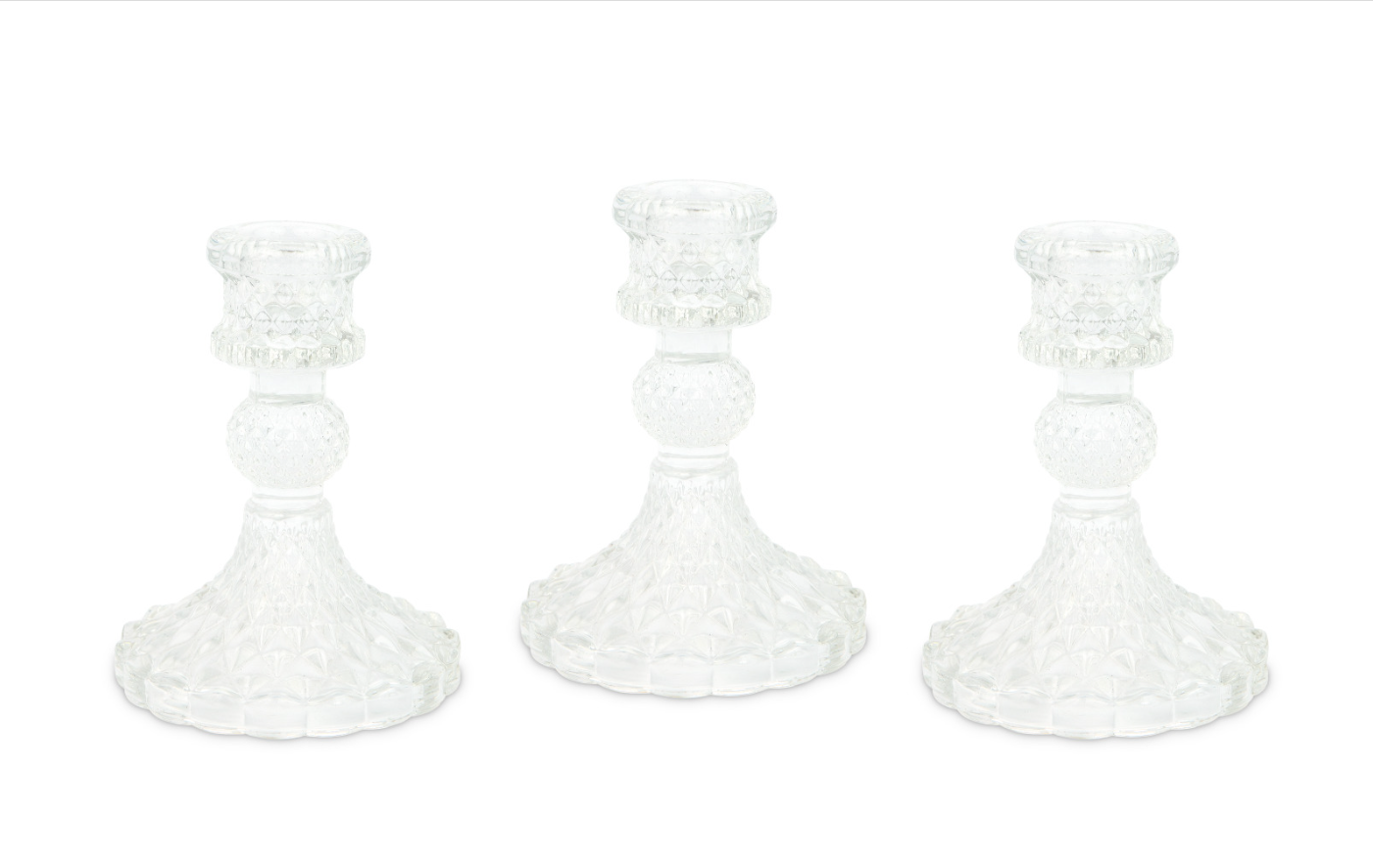 Weddingstar Inc. – Suporte de vela por atacado – Conjunto de 3 Castiçais Vintage de Vidro Pressionado para Velas - Weddingstar Inc.4