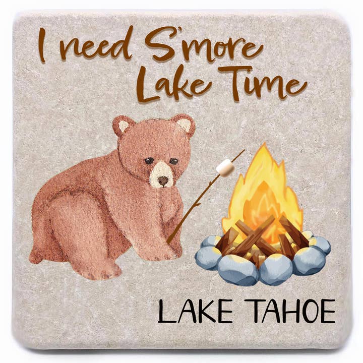 Lake Tahoe Need S'more Lake Time Campfire Fuzzy Bear Coaster for wholesale by Noomoon