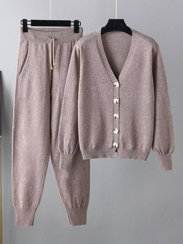 Sheer Trend - Wholesale Top & Pant Set (NOT Loungewear) - Women's - Casual Loose Solid Color V-Neck Cardigan Tops & Harem Pants Two Pieces Set