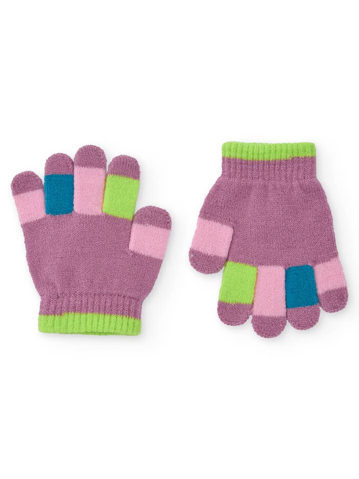 Knit gloves for girls in mauve with multicolored fingers for wholesale by tuc tuc