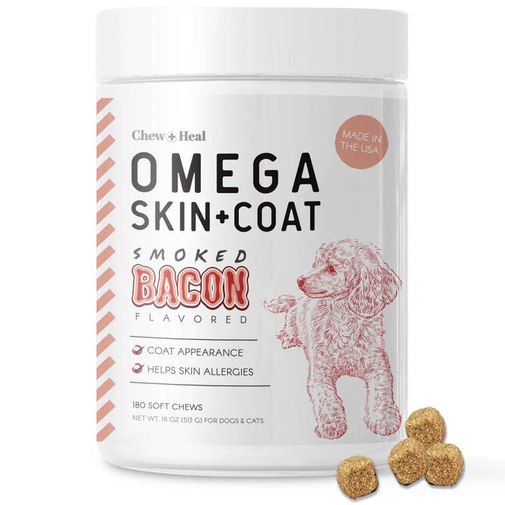 Chew + Heal - Wholesale Pet Supplement - Dog - Omega Skin & Coat Soft Chews - Smoked Bacon Flavor