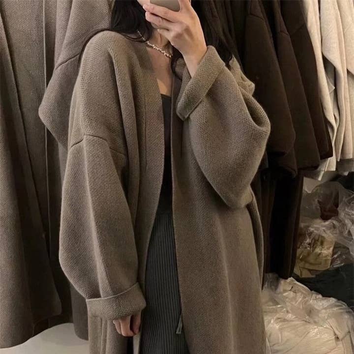 UZ Wholesale Store - Wholesale Cardigan - Women's - Solid Color Mid-Length Over-The-Knee Knitted Cardigan Sweater5