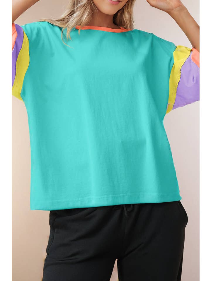LA Society - Wholesale T-Shirt - Women's - Color Block Round Neck Half Sleeve Oversize Top