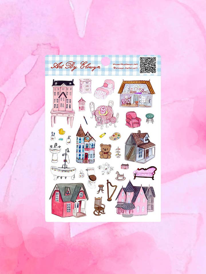 Akvarel Dukkehus Klistermærkeark for engroshandel hos Art By Elowyn