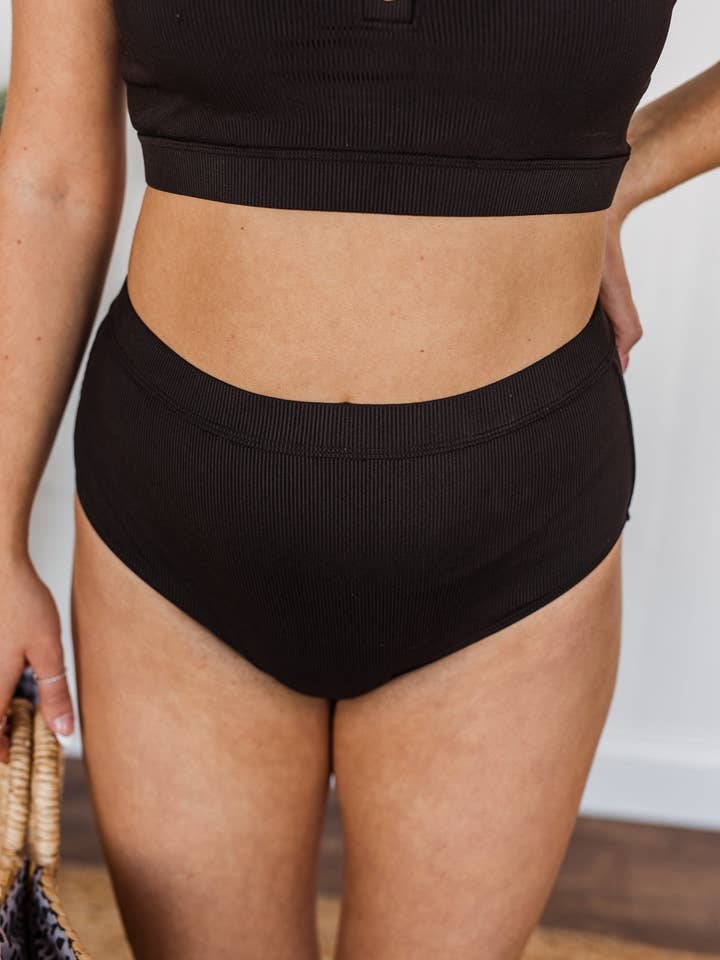 Sandy Shores Ribbed Knit Swim Bottoms- Black for wholesale by Mack and Mal