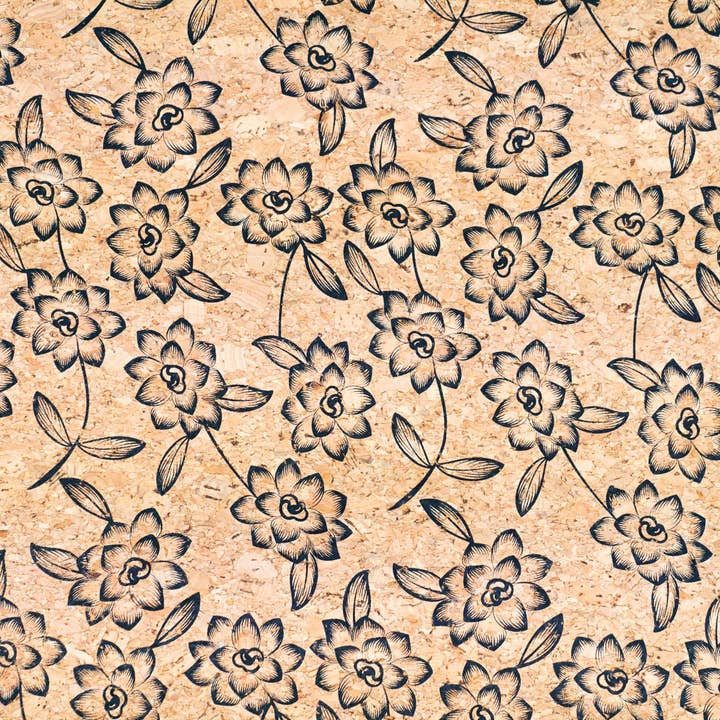 Meninas Bonitas Cork - Venta al por mayor Tela - Elegancia barroca: tela de corcho con estampado de flores negras COF-503