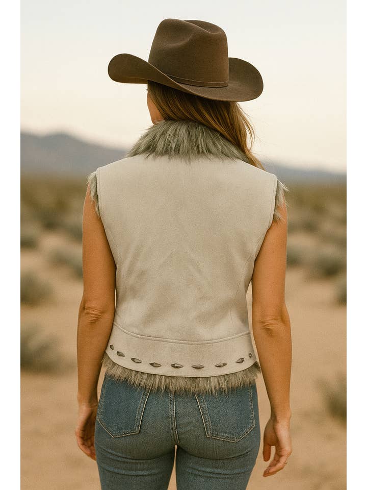 CREAM Ladies Fashion Poly Faux Suede Vest with Poly Faux fur for wholesale on Faire1
