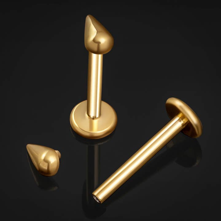 Custom Plugs - Wholesale Stud/Post Earrings - Gold Teardrop Internally Threaded Titanium Labret Stud 1.2mm Gauge