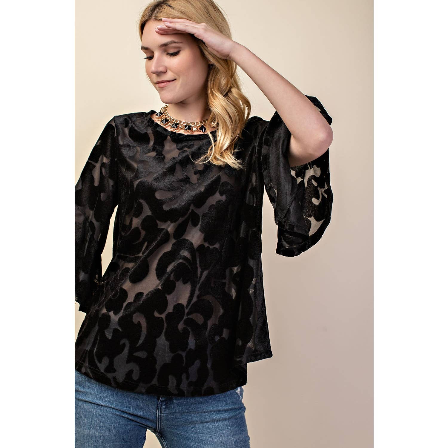 VOCAL - Wholesale Blouse - Women's - VELVET RUFFLE SLEEVE KNIT TOP8