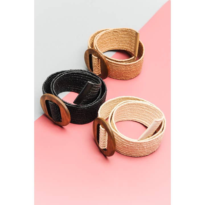 JOSSLYN by wall to wall - Wholesale Belt - Women's - WOODEN BUCKLE RATTAN STRETCH WAIST BELT 40BT620