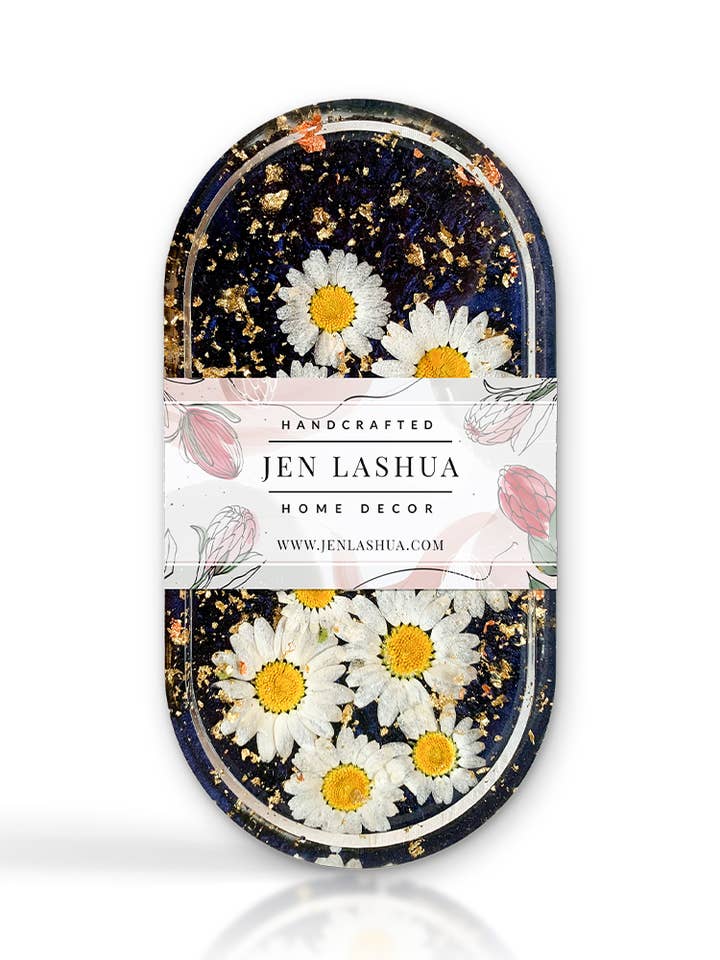 Trinket Dish | Handmade | Dark Navy with Real Daisies for wholesale by Jen Lashua | Home Decor & Gifts