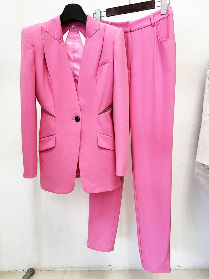 SET7-7Y Chic Pink Mesh-Stitch Slim Suit Set for wholesale on Faire