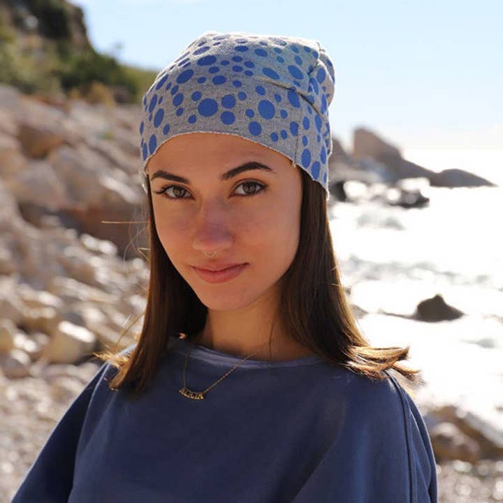 468 Mix of Dots, Grey Melange Beanie hat, Sweatshirt Fabric for wholesale by Purple Sardine