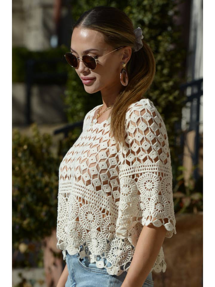 ESLEY - Wholesale Blouse - Women's - 54477TQLY- Lace Cutout Round Neck Half Sleeves Top3