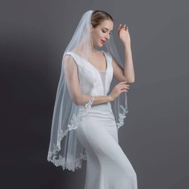 Farinosa Bridal – Véu - Mulher por atacado – Véu de Noiva Bordado com Renda Floral e Cristais FS6305 45"4
