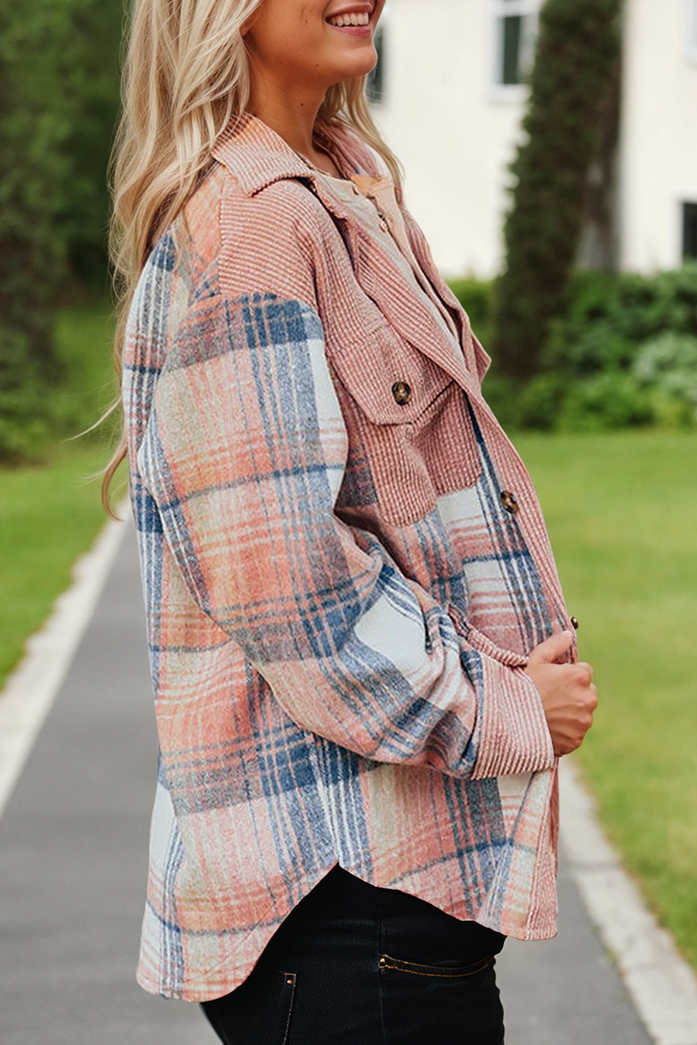 66DISCO - Wholesale Shirt Jacket/Shacket - Women's - Plaid Corduroy Patchwork Chest Pocket Shacket (S-2XL)2