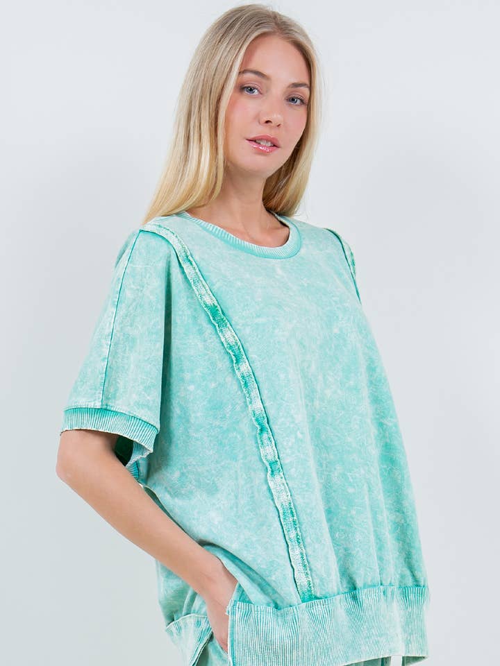 J.Her - Wholesale Tunic - Women's - Mineral Washed Exposed Seam HALFsleeve top HT5606