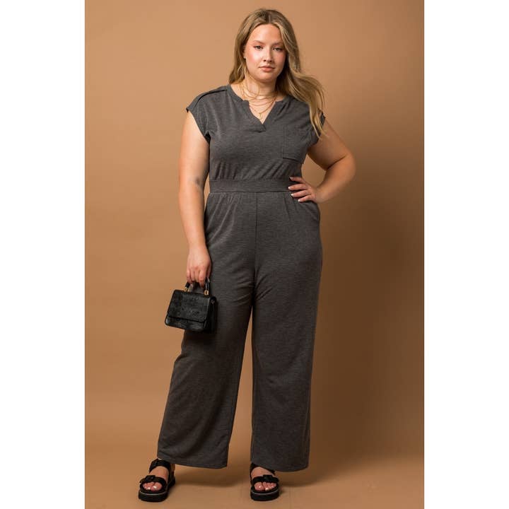 PLUS SIZE SPLIT NECK WIDE LEG POCKET JUMPSUIT for wholesale by Curve Market