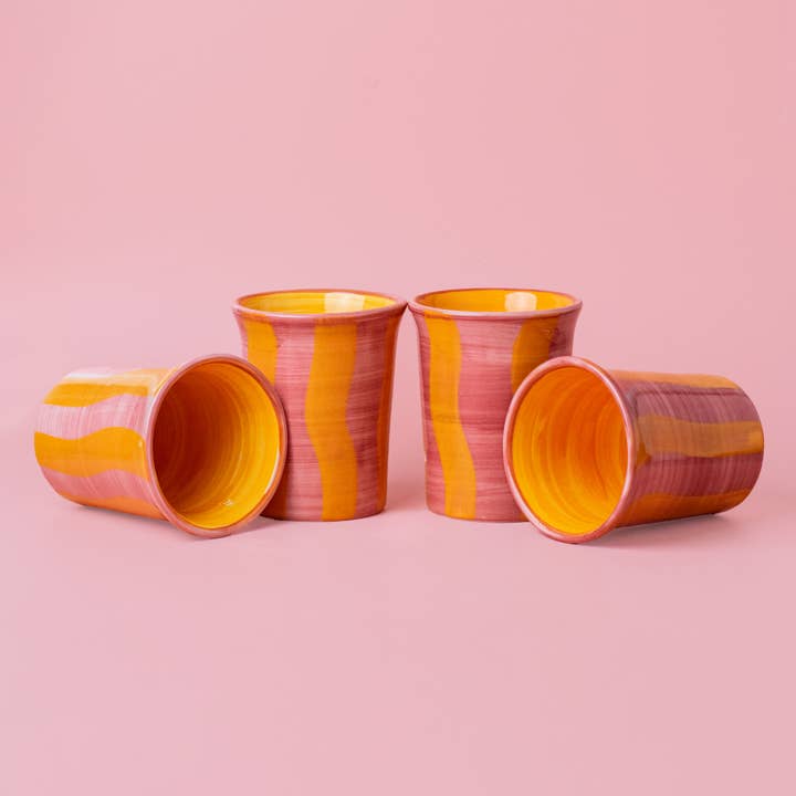 Alfar Tierra Cocida - Wholesale Drinking Glass/Cup - Ceramic breakfast cup 250 ml/PEPA Pink and Yellow Stripes