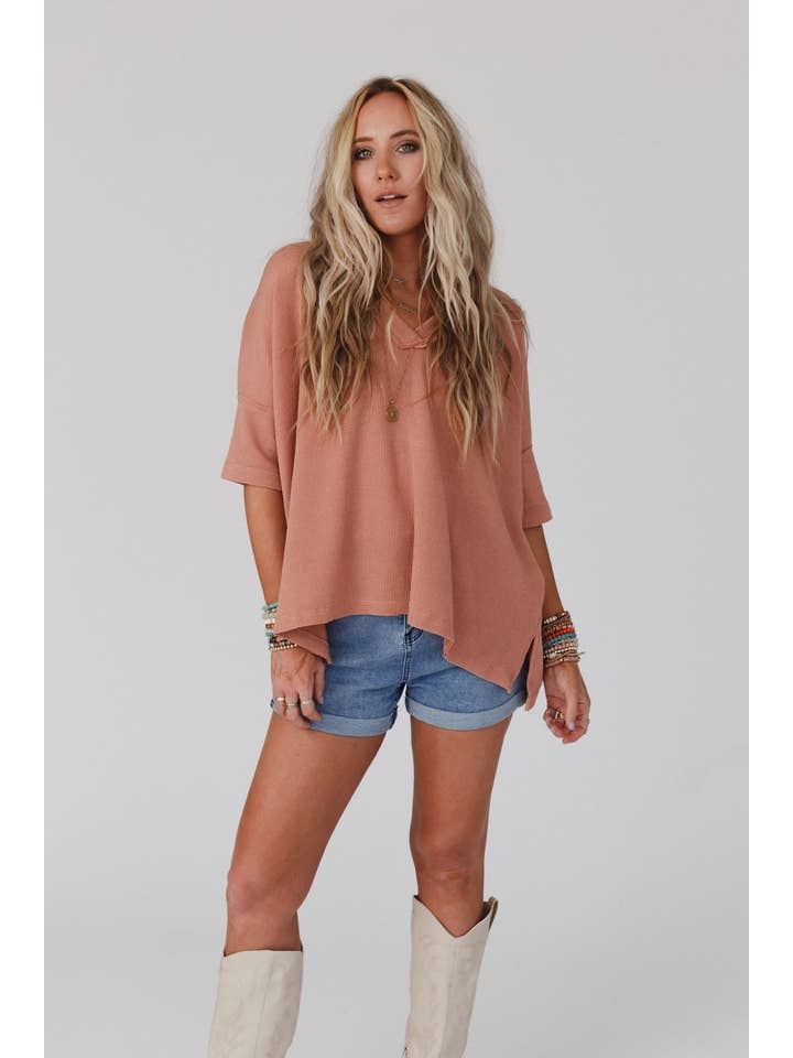 Three Bird Nest - Wholesale Knit Top - Women's - On The Go V Neck Ribbed Essential Tee - Sepia