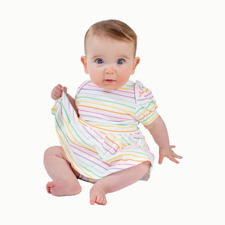 Puff Sleeve Onesie in Rainbow Heart Stripe for wholesale by Nella June