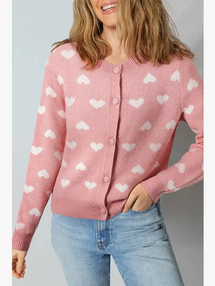 LDC Valentine Heart Pattern Button Front Cardigan Sweater for wholesale by Little Daisy Closet