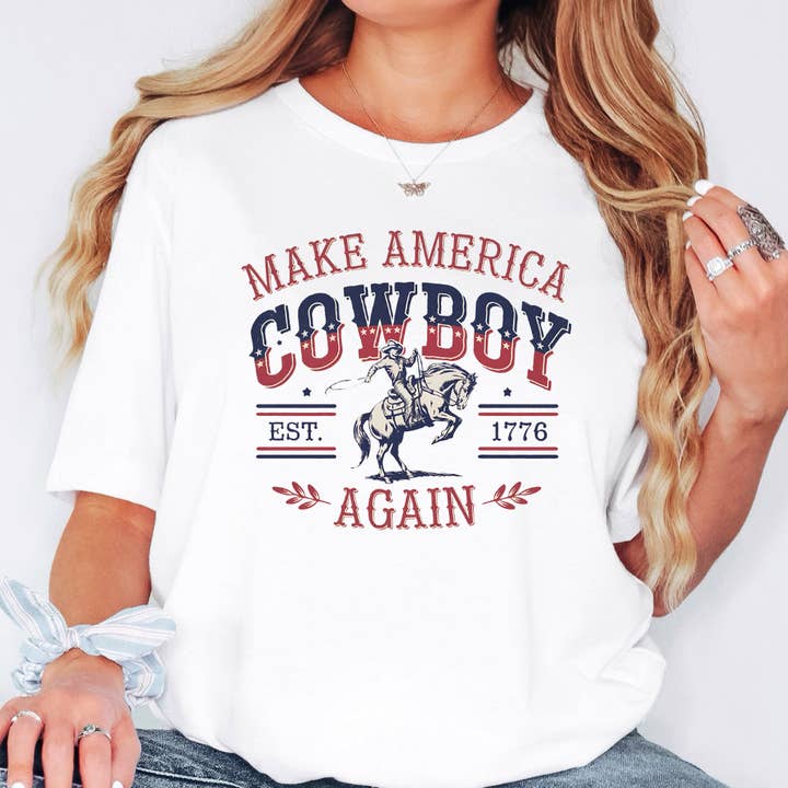 Refaire de l'Amérique un pays de cowboys T-shirt graphique du 4 juillet pour la vente par Happy Mail Wholesale