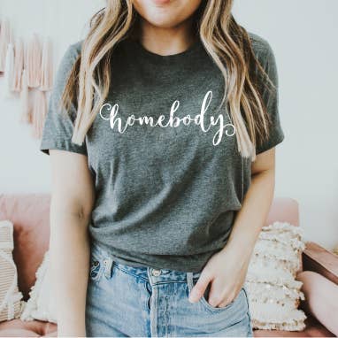 Homebody Cozy Calligraphy Graphic Tee for wholesale by Swank Clothing Co