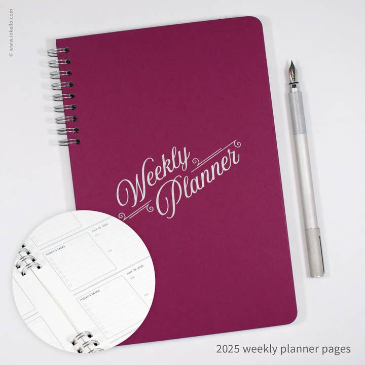 Inkello Letterpress - Wholesale Planner - Weekly Planner with Mulberry Cover and Silver Script Design