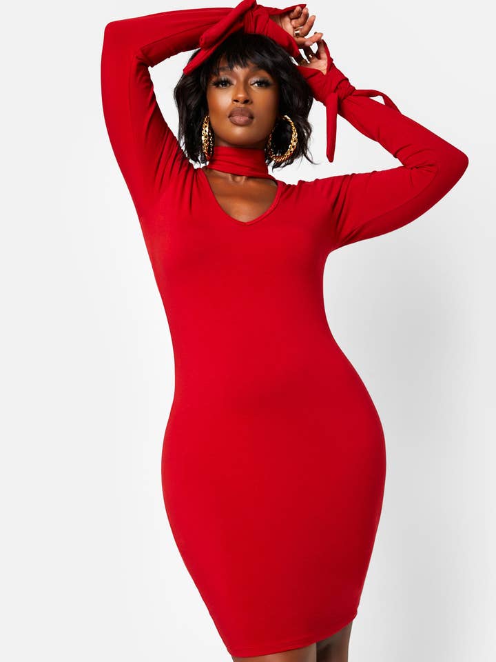 Enticing Turtleneck Cut Out Tie Cuff Mini Bodycon Dress for wholesale by REBDOLLS