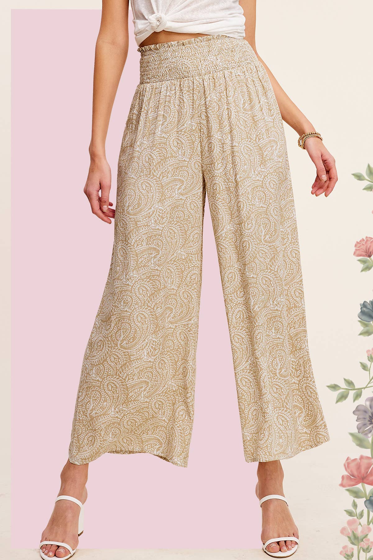 La Miel - Wholesale Pants - Women's - JCP4225-Boho Paisley Print Wide Leg Flowy Pants with Pockets16
