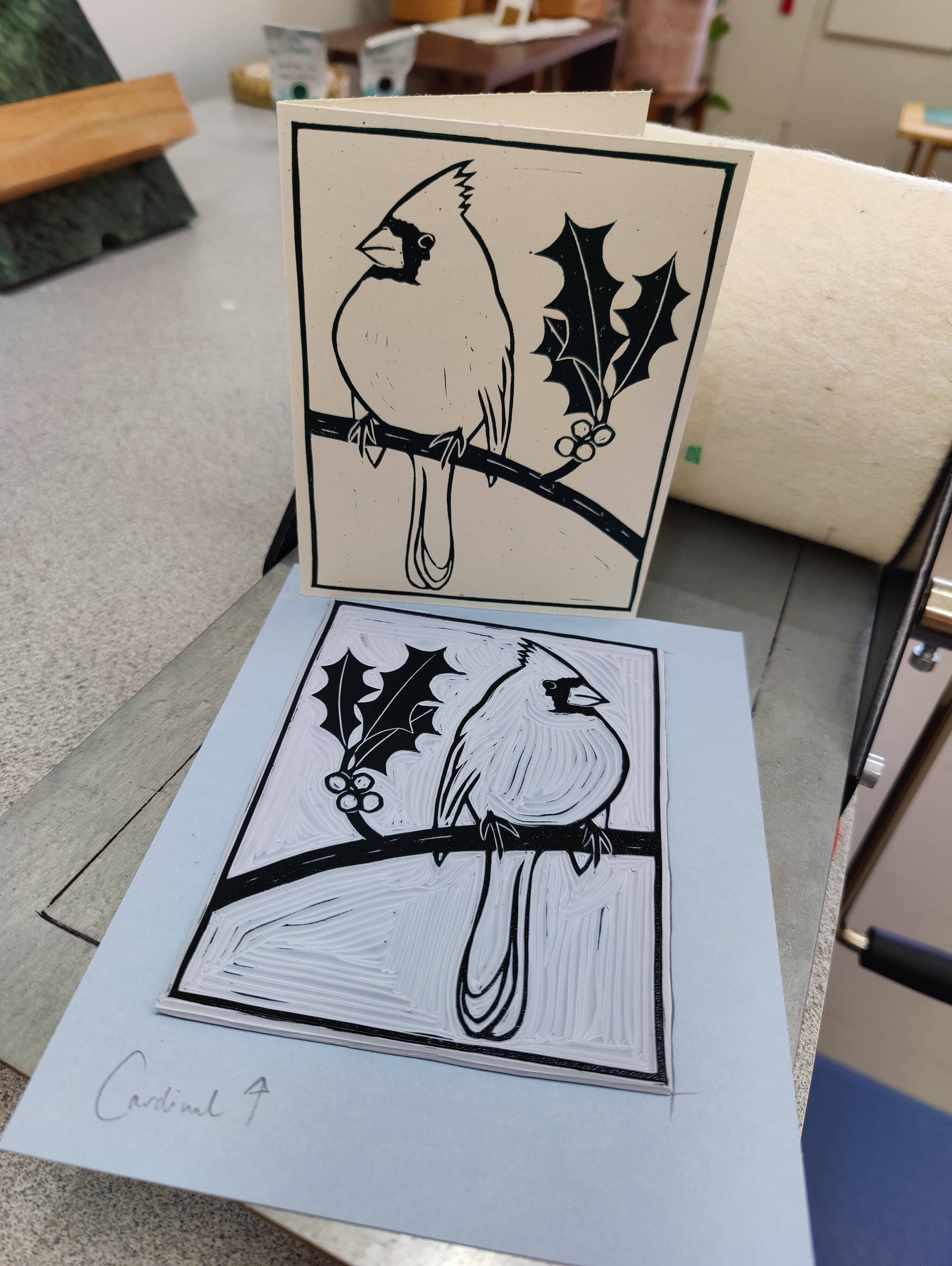 Winter Pickle Press - Wholesale Christmas Card - Handprinted linocut holiday cardinal folded card3