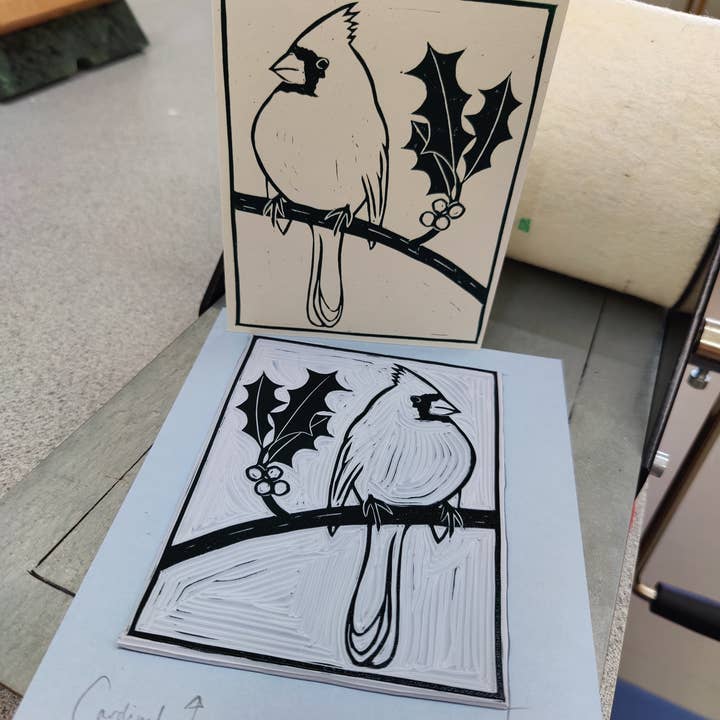 Winter Pickle Press - Wholesale Christmas Card - Handprinted linocut holiday cardinal folded card3