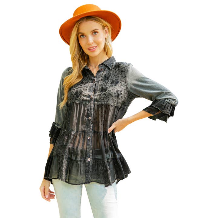 Young Threads - Vente Chemise à col boutonné – femme - Blouse brodée mexicaine pour femmes à taille froncée (NOUVEAU)7