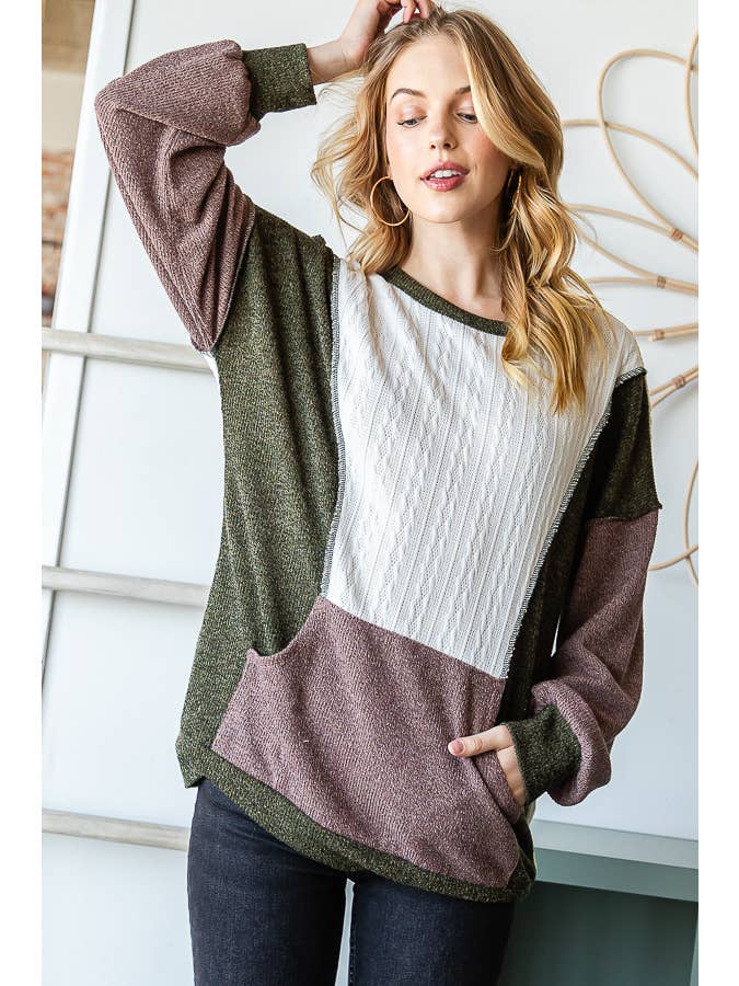 7th Ray - Wholesale Sweatshirt - Women's - Color Block Front Pocket Drop Shoulder Banded Hem Top T5348