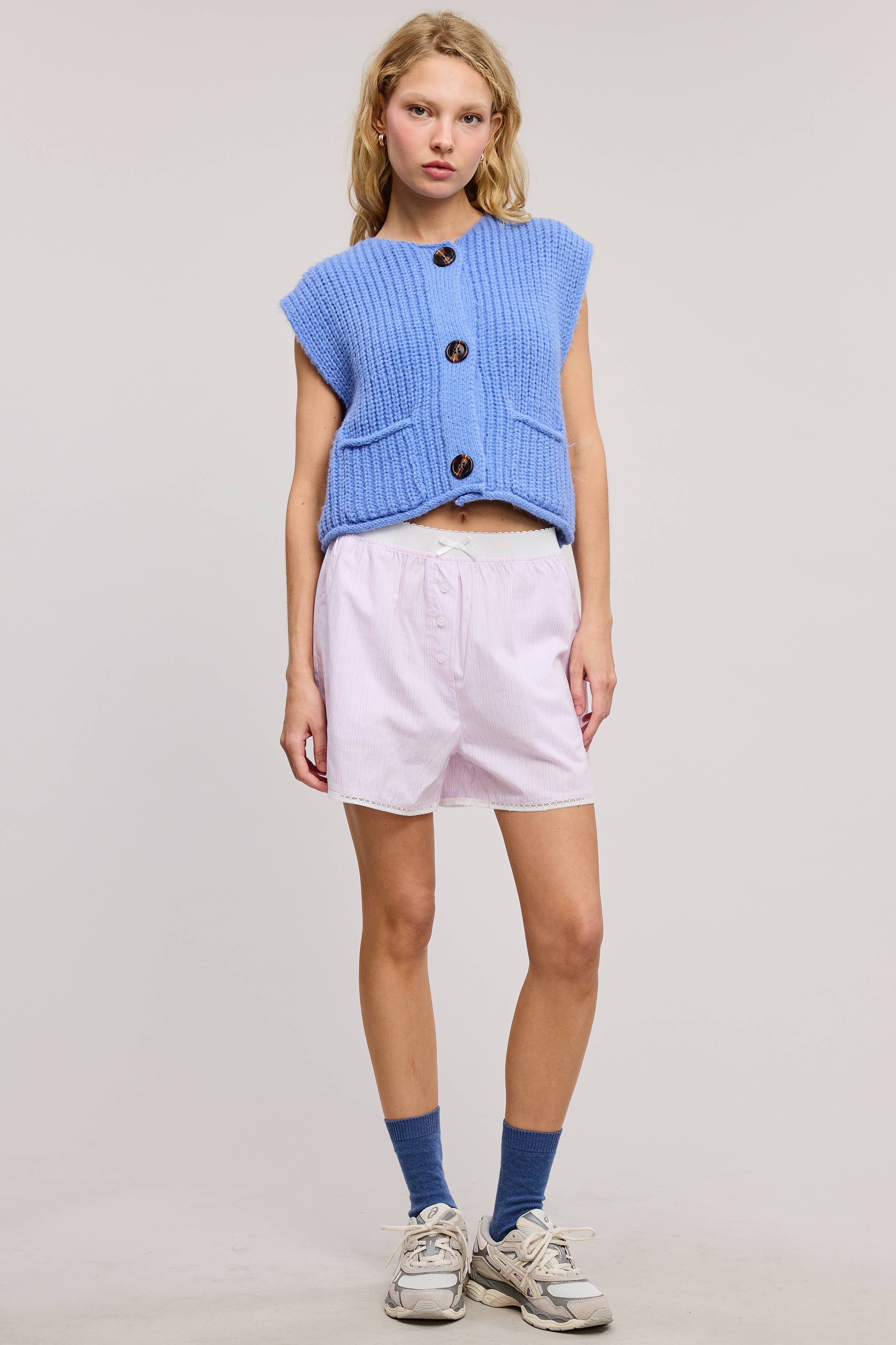 Mimosa - Wholesale Shorts - Women's - Scalloped Lace Hem Striped Boxer Style Shorts14