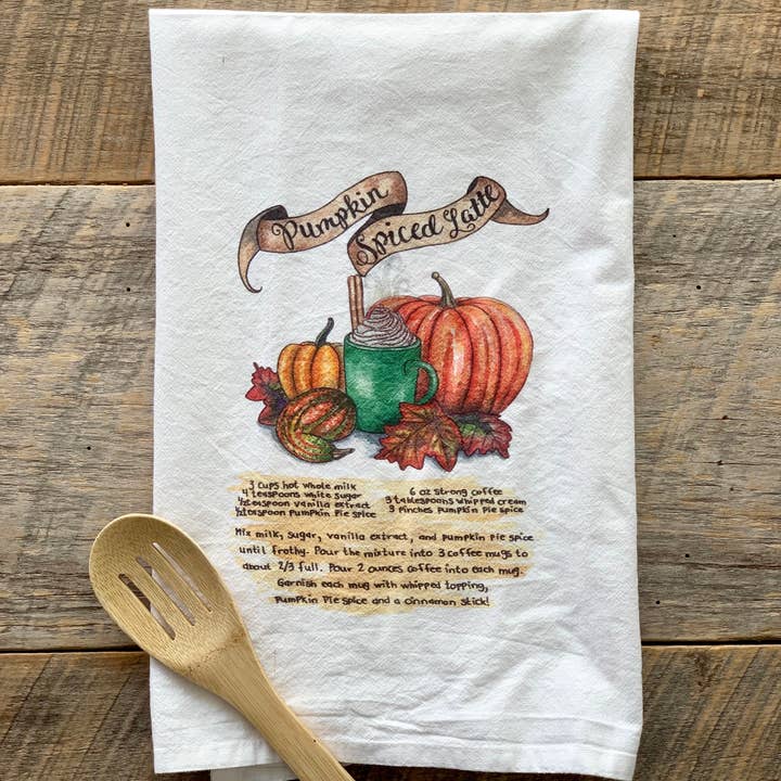 Watercolor Pumpkin Spiced Latte Recipe Flour Sack Tea Towel for wholesale by Meadowbrook Lane