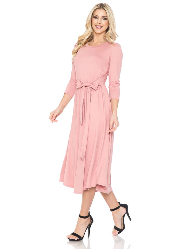 Allium - Wholesale Dress - Women's - A Line Midi Dress with Shirred Shoulder5