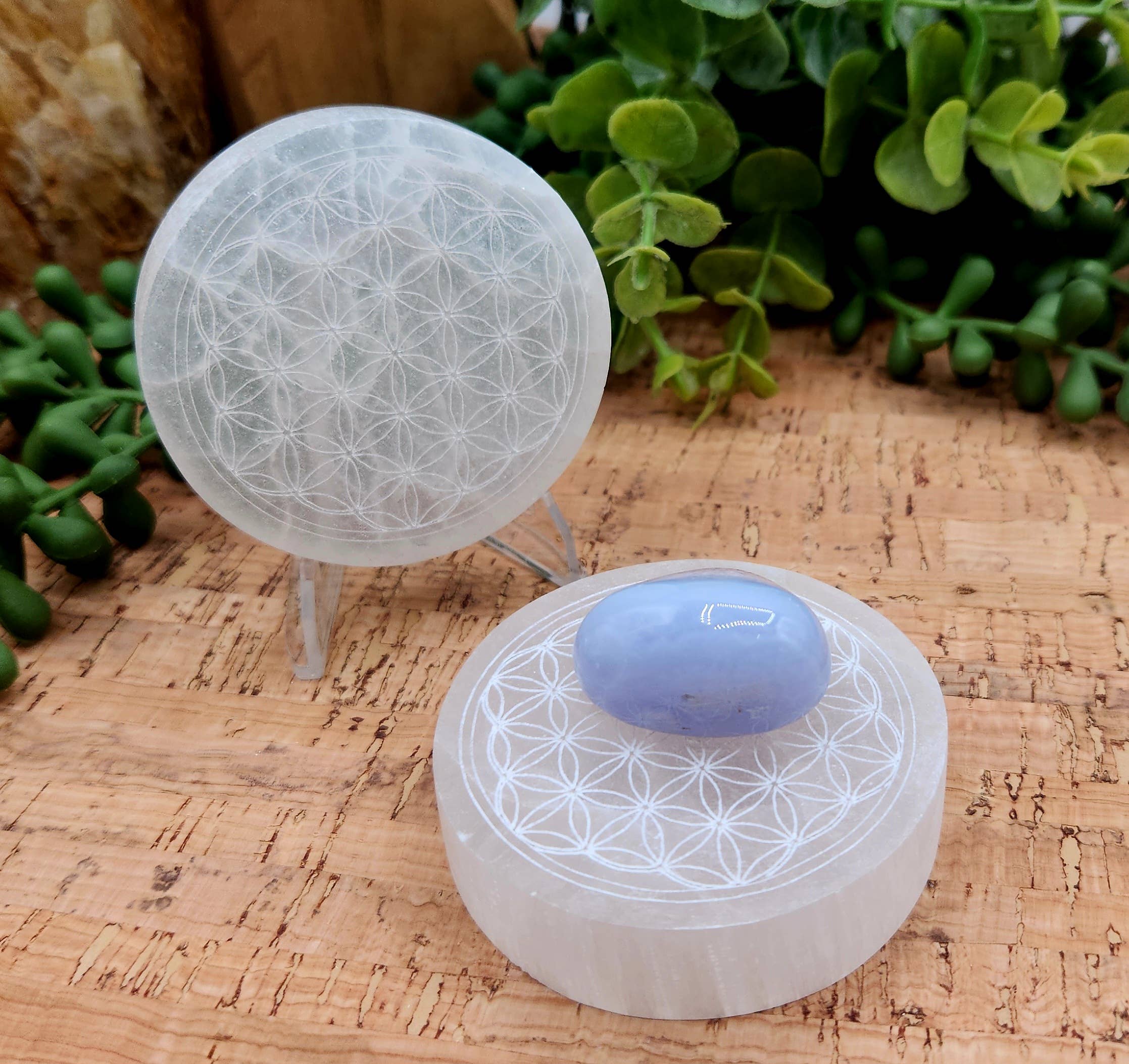 Meraki Gemstones - Wholesale Spiritual Stone/Crystal - Selenite Charging Plate/Coaster Round - Flower of Life 6-7cm6
