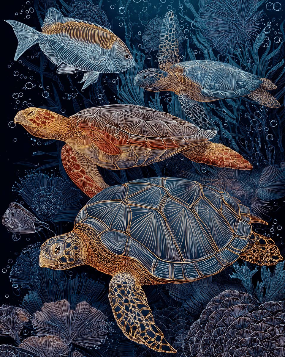 Mowbi - Wholesale Art Print - Stylized Sea Turtles - Ocean Life Art Print - 8"x10" Artwork for 11"x14" Frame