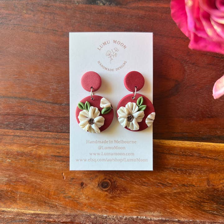 Penny Red & Floral Earrings - Round Shape for wholesale by Lumu Moon Handmade Designs