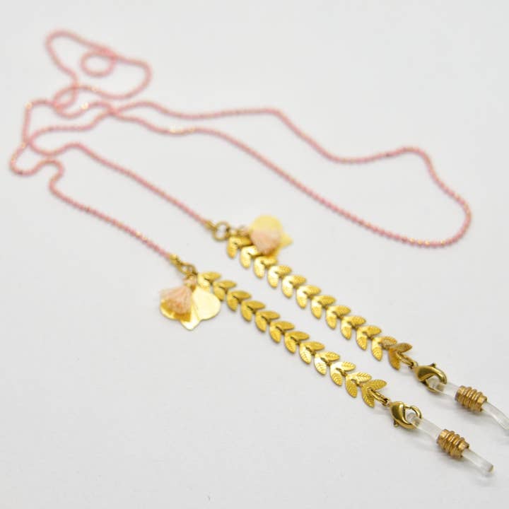 Catena per occhiali con catena a palline rosa e nappa in cotone per la vendita all'ingrosso da parte di Sista Jewelry