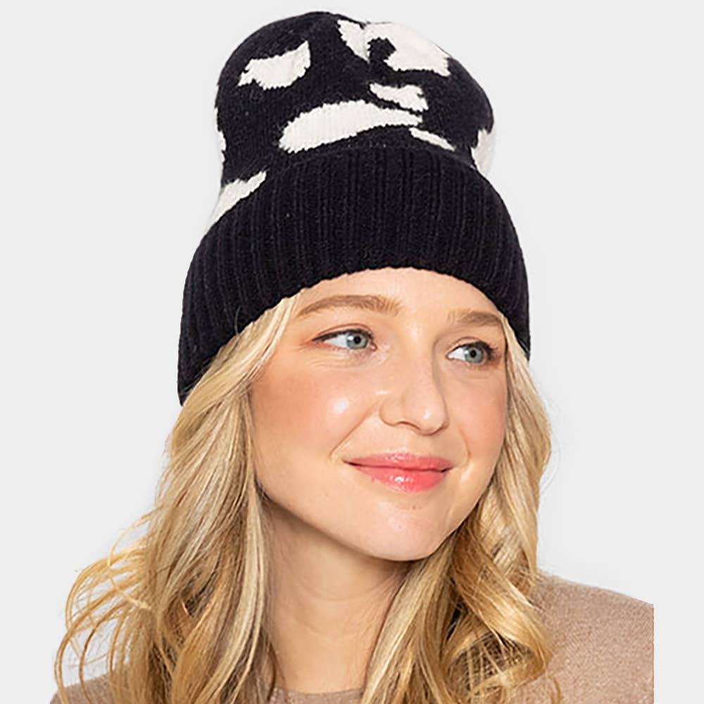Sensibling Corp. - Wholesale Beanie - Women's - Cow Patterned Ribbed Knit Cuff Beanie Hat0