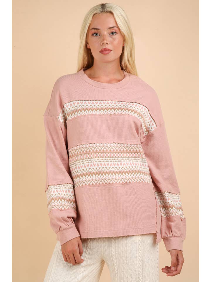 VERY J - Wholesale Knit Top - Women's - NT11784-Oversized Printed Knit Contrast Knit Top