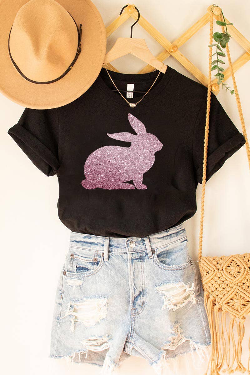 One Nine - Wholesale Screen Printed T-Shirt - Women's - Glitter Bunny tshirt, Happy Easter0