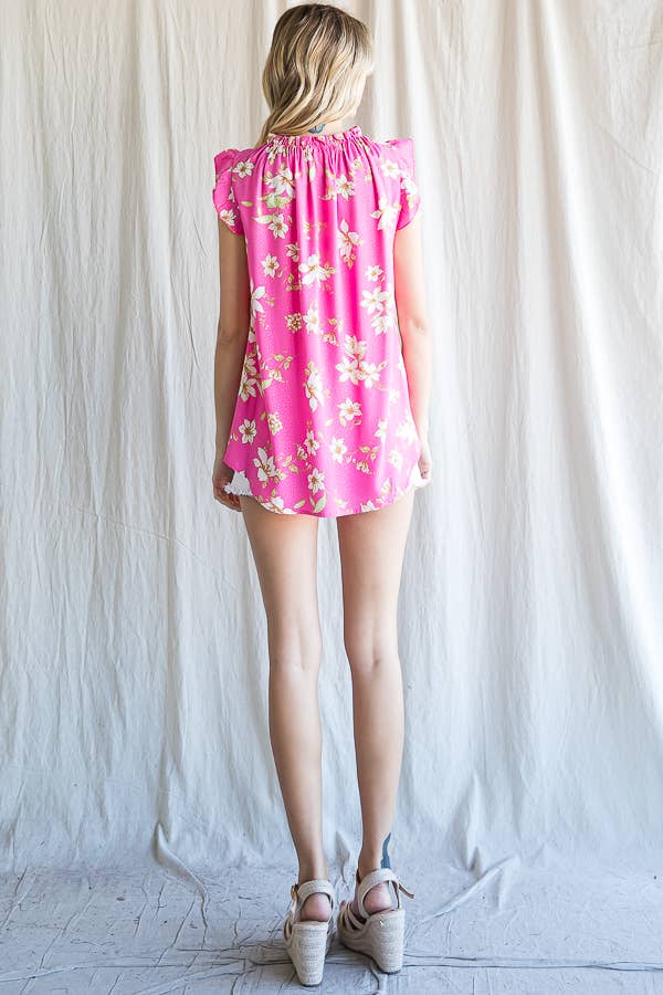 7th Ray - Wholesale Blouse - Women's - Boho Floral Ruffle Sleeve  Shirred Neckline Blouse T479320