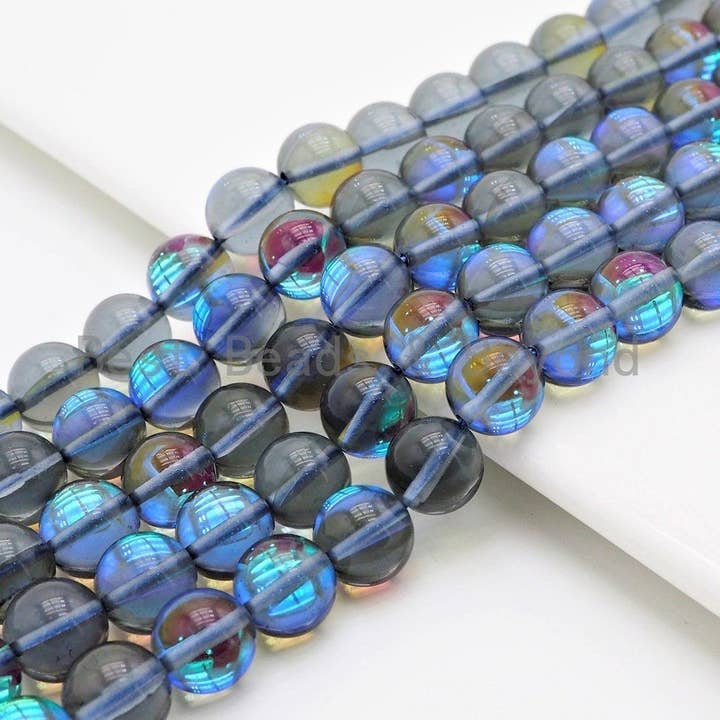 BestBeads&Beyond - Wholesale Beads - Beautiful Glossy Grey Spectrolite Quartz, Crystal Round beads, 6mm/8mm/10mm/12mm Manmade Gray Blue Moonstone beads,15.5inch strand, SKU#U290