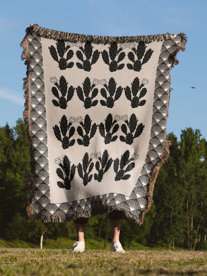 Art Deco Beige And Black Cactus Pattern Woven Cotton Throw Blankets for wholesale by TaylorBassam