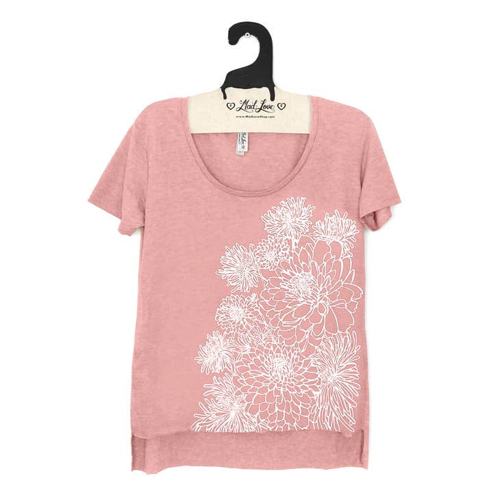 Pink Scoop Hi Lo Tee with Chrysanthemums for wholesale by Mad Love Shop