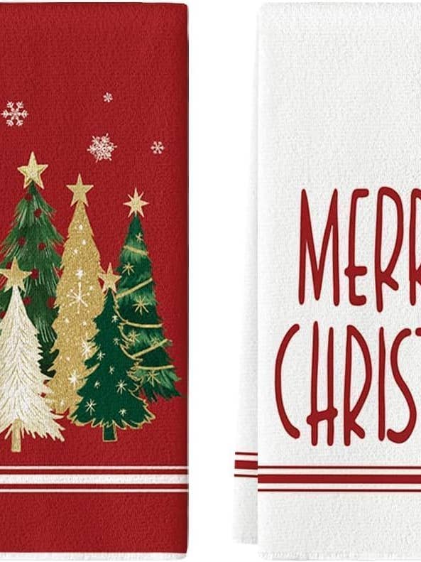 2-Pack Happy Christmas Tree Towels - Super Absorbent Microfiber, Odorless Fabric, Festive Red & White Design with Snowflakes, Perfect for Home Decor, Hand Towels for Home, Christmas Decor for wholesale by UniqueMartandHome